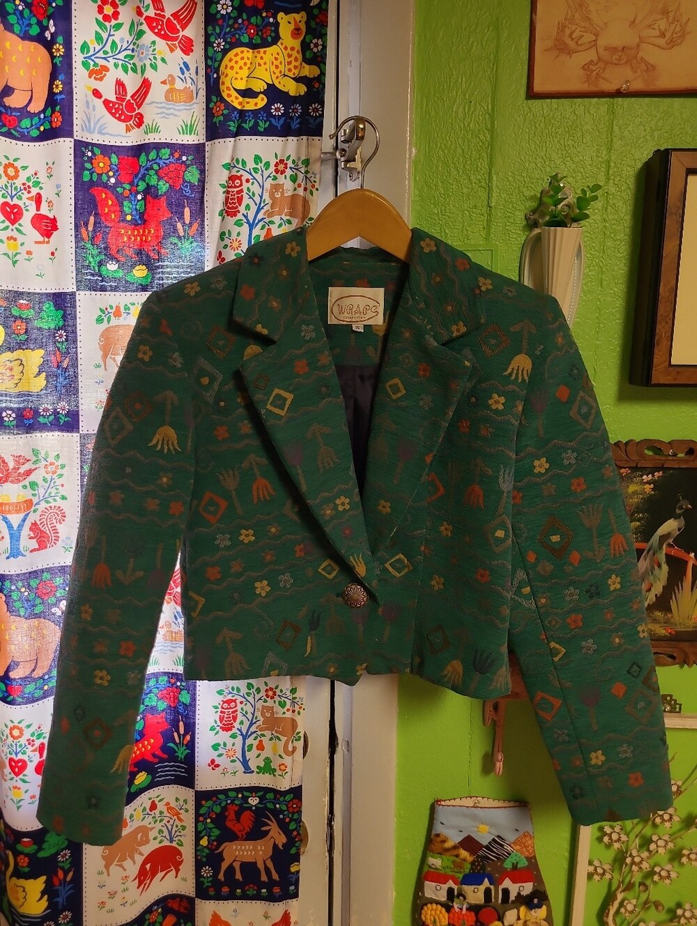 Vintage Wraps Collection Teal Floral Boho Aztec Tapestry Blazer Size Small